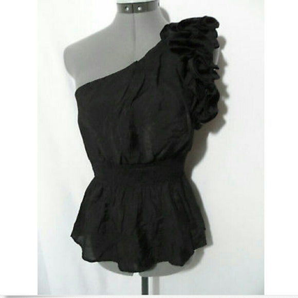 Nwt ICU Roses Peplum Top S Black Gray blouse Small One shoulder Ruched - Picture 5 of 7